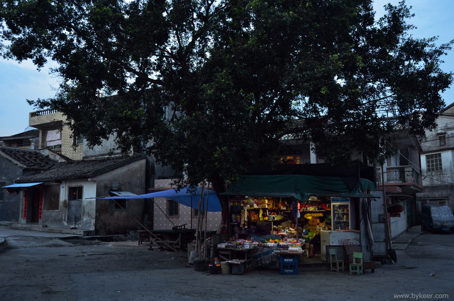 岭南的古村(10): 村头的大树和小店。昏暗的夜色和泛黄的灯光，为这幅画面勾勒出色彩<br><br><br><br><br><br><br><hr style='width:80%'>分隔线：惠东海滨两张