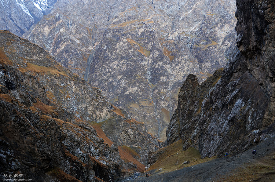 绝色狼塔(二)(27): 拔营后便立即开始向上攀爬。<br>狼塔C线的第二个达坂，入口是一条毫不起眼的乱石沟谷，6.5公里距离上海拔爬升1100米。